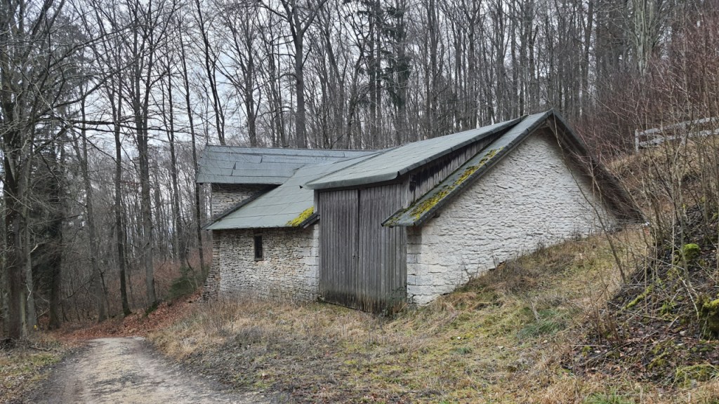 Blick auf eine Reihe alter Gebäude im Wald an einem Feldweg (© Cornelia Hebrank, 2025)
