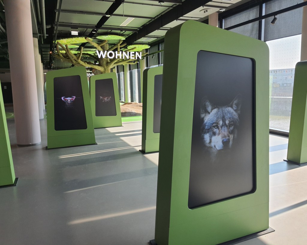 Eingangsbereich mit Aufstellern mit Tierfotos (© Cornelia Hebrank, 2025)